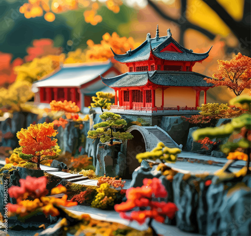 Autumnal Zen Garden: Traditional Japanese Architecture in a Vibrant Forest