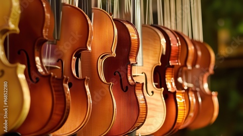 Violins hanging on the wall for sale