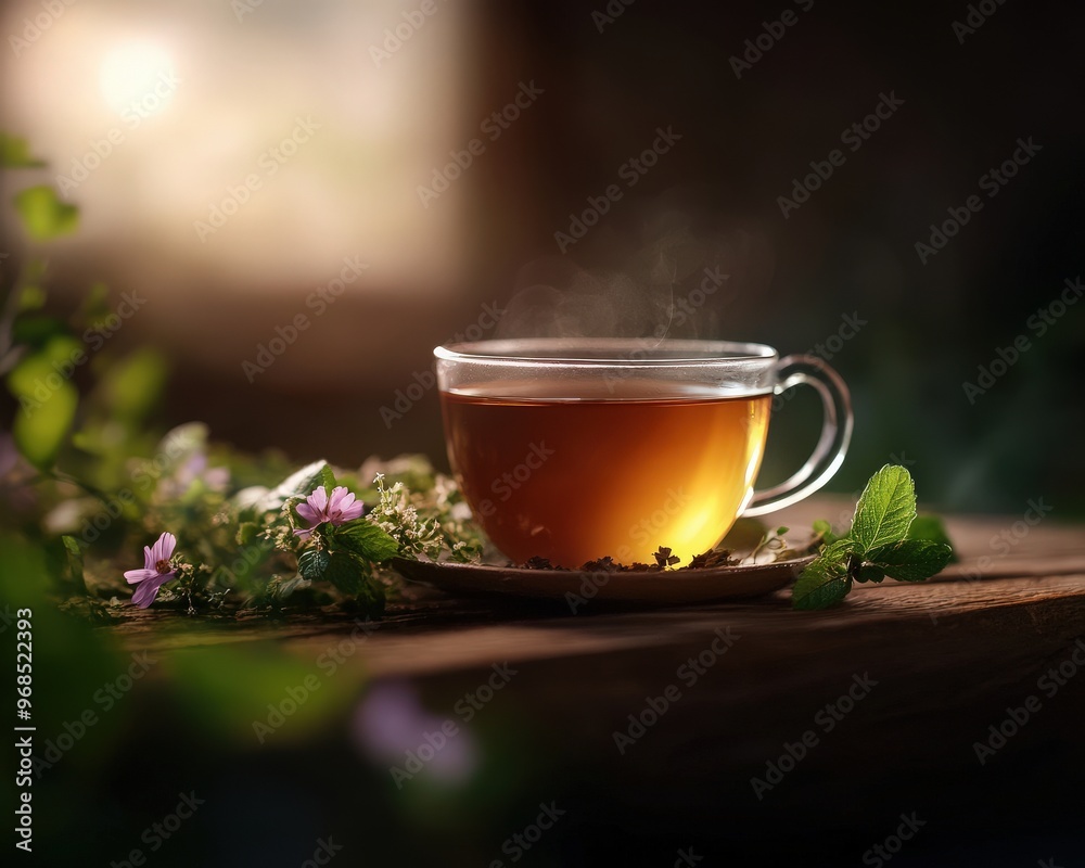 A steaming cup of herbal tea surrounded by fresh greenery, creating a serene and calming atmosphere for relaxation. A steaming cup of herbal tea surrounded by fresh greenery, creating a serene and calming atmosphere for relaxation.