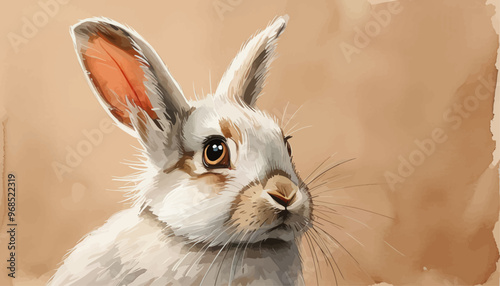 Brown and white rabbit with large eyes and whiskers, looking directly at the camera