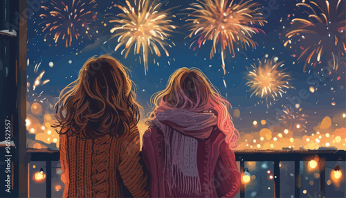 Celebration Night: Two Women Watching Fireworks