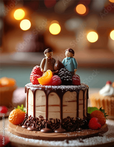 Celebratory Cake with Figurines and Fruit Toppings