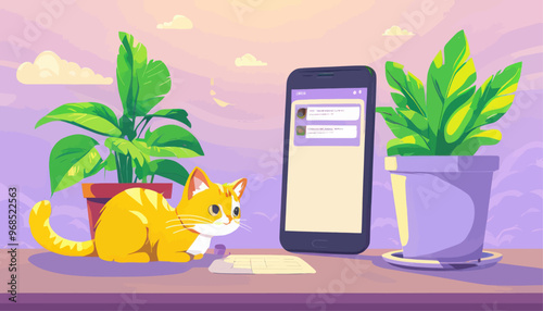 Cat and Plants on Tablet Screen