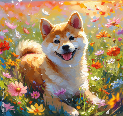 Cheerful Shiba Inu Puppy in a Field of Colorful Flowers