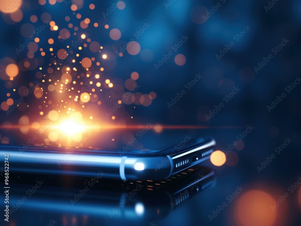 Fototapeta premium A sleek smartphone emitting glowing particles, representing technology and innovation against a dreamy blue background.