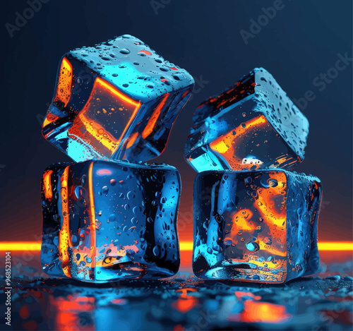 Chilled Ice Cubes with Droplets Reflecting Orange Light