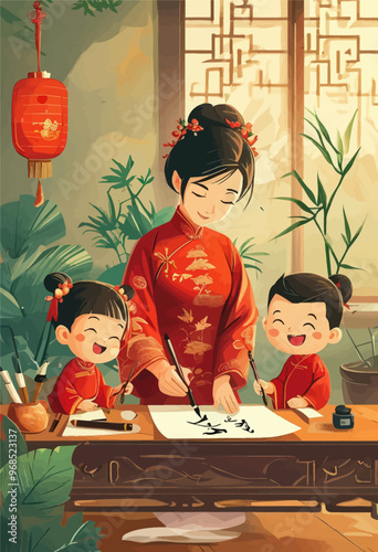 Chinese Calligraphy Art: Mother and Child photo