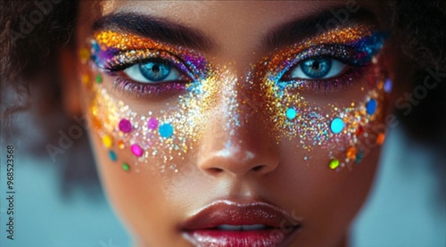 a close-up of a beautiful young woman with shimmering glitter makeup on her face