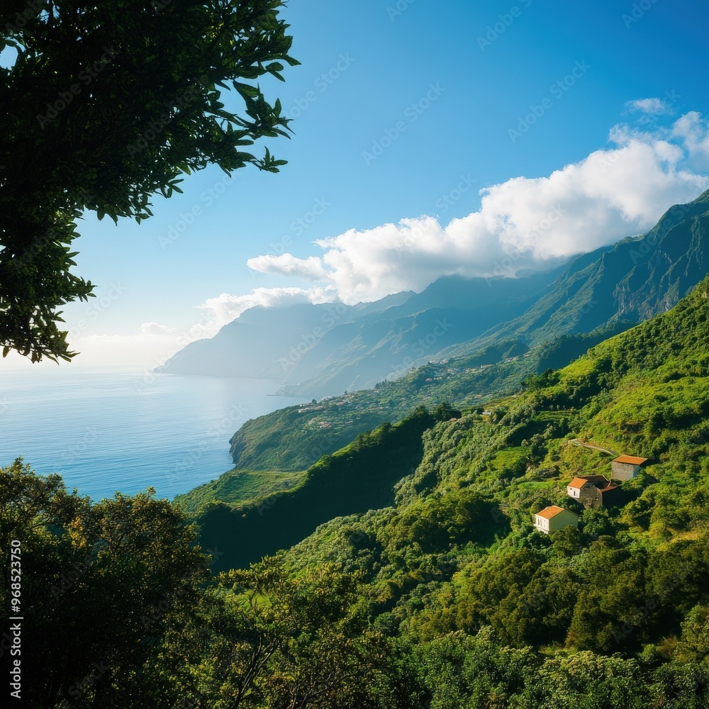 Breathtaking coastal landscape featuring lush green hills, mountains, and a serene ocean view under a bright blue sky. Breathtaking coastal landscape featuring lush green hills, mountains, and a serene ocean view under a bright blue sky.