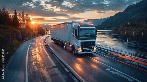 A semi truck speeds along a mountainous highway at sunrise, showcasing a blend of industry and natural beauty