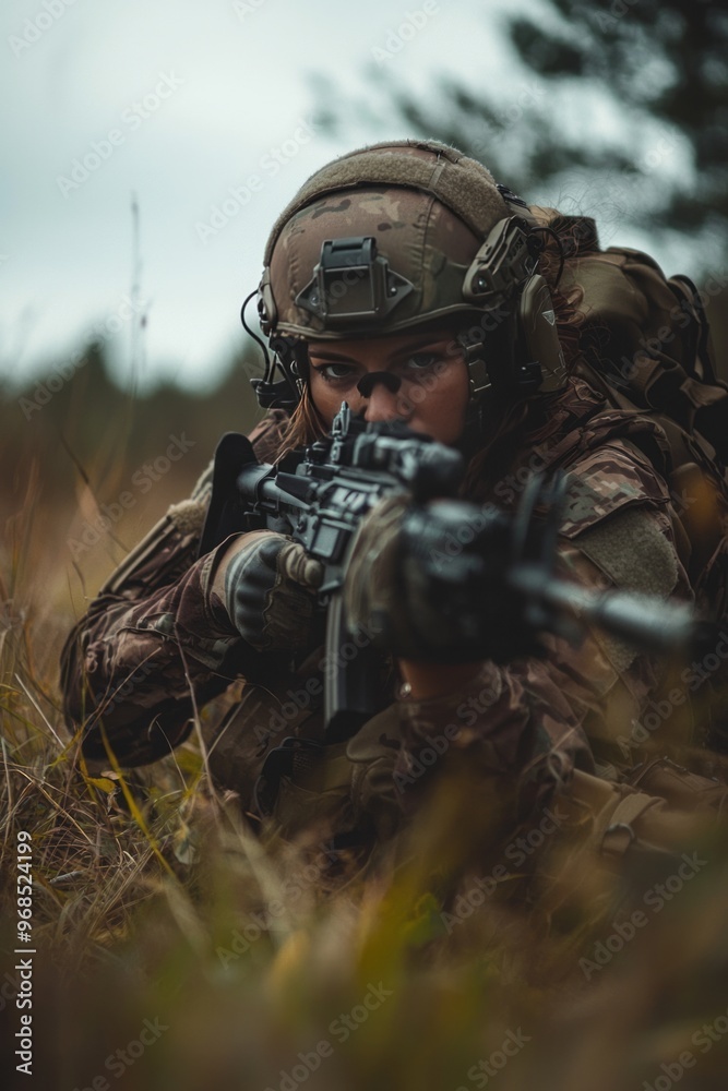 Female soldier taking part in a simulated battle scenario on a training field. Military props and tactical gear are visible Female soldier taking part in a simulated battle scenario on a training field. Military props and tactical gear are visible