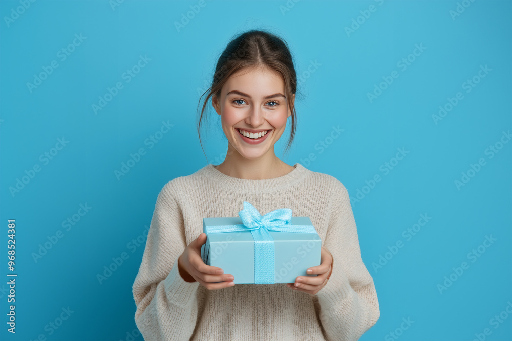 A Happy Woman Holding Blue Gift Box Isolated on Bright Blue Background A Happy Woman Holding Blue Gift Box Isolated on Bright Blue Background