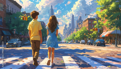 Cityscape with Pedestrians Crossing Street