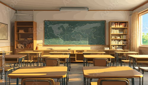 Classroom with Chalkboard and Desks