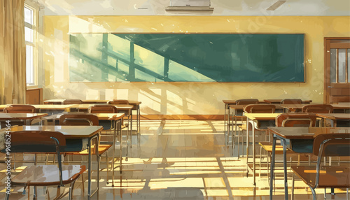 Classroom with large green screen and wooden desks
