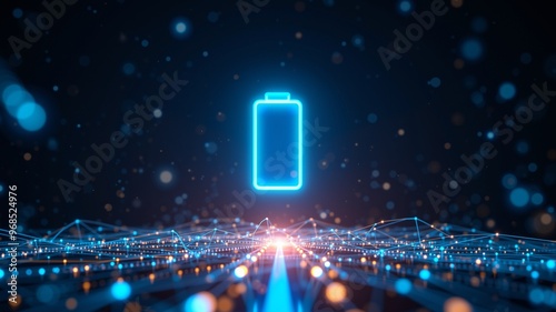 Glowing Circuitry Network - Futuristic Energy Flow, A stylized digital illustration featuring a glowing blue battery icon at its core, interconnected with a luminous network of lines and dots.