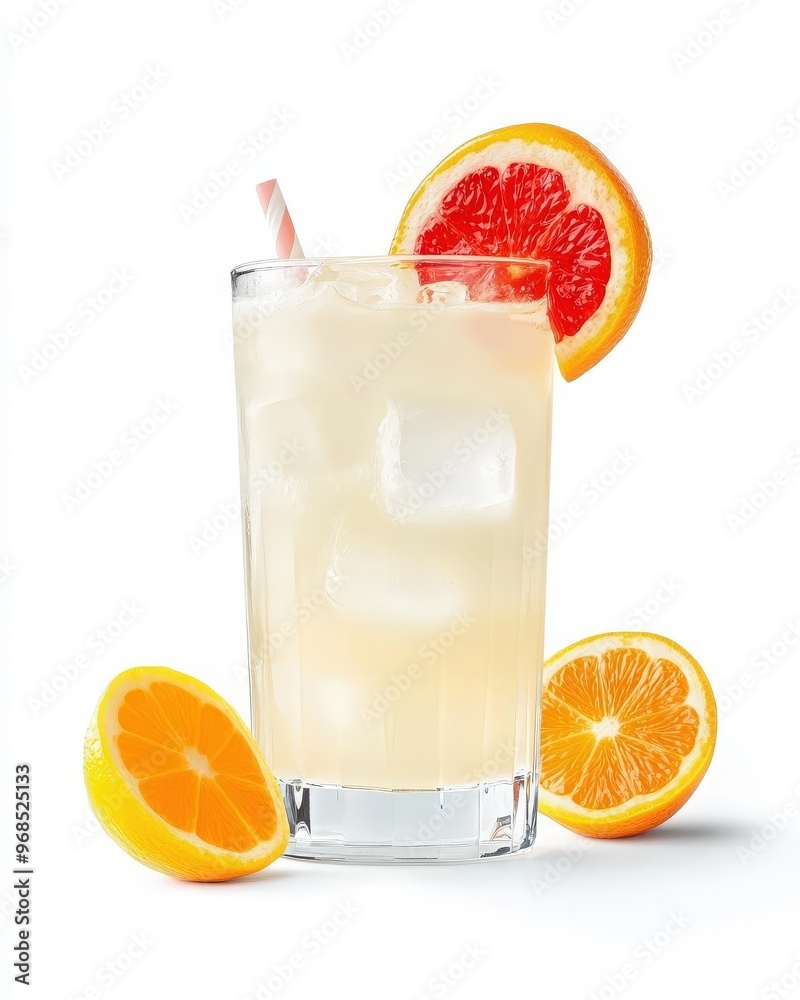 Refreshing citrus drink in a glass, garnished with orange and grapefruit slices, perfect for summer enjoyment.