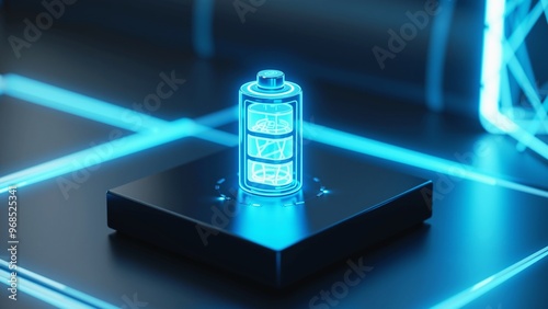 Glowing Blue Battery Icon, A high-energy image of a glowing blue battery against a black background. The bright blue light emanating from the battery creates a futuristic and technological feel.