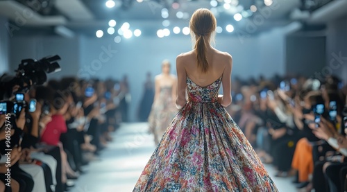 a model wearing a designer dress walking on the runway and paparazzi taking photos of her photo