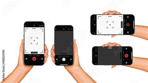 Hand Holding Smartphone for Perfect Shots and Videos: Capture Stunning Photos in Horizontal and Vertical Orientation with Your Smart Mobile Device. Vector.
