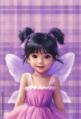 Fantasy-themed girl with fairy wings and pink dress, smiling
