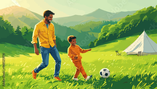 Father and son playing soccer in a field