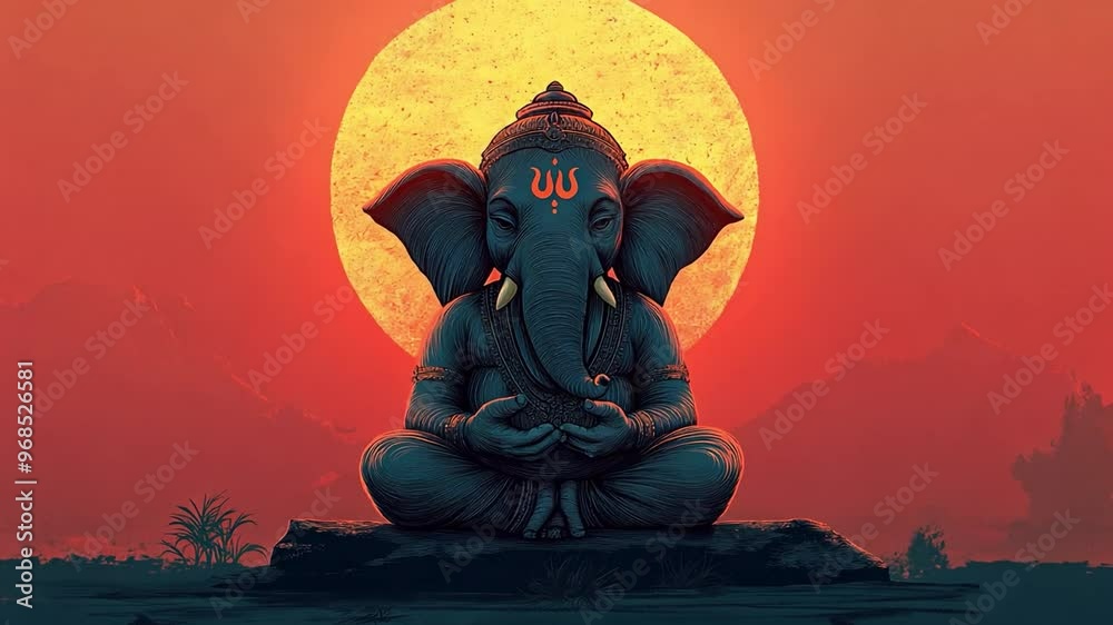 illustration of Lord Ganesha, depicted in a meditative pose with intricate patterns and bright colors. 