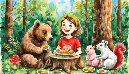 Friendly Forest Encounter: A Girl, Bears, and Mice Share a Picnic