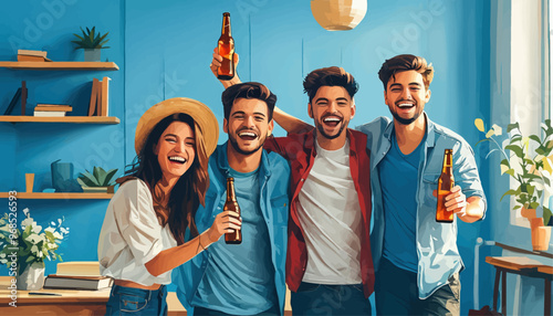 Friendly gathering of four friends enjoying beers and laughter