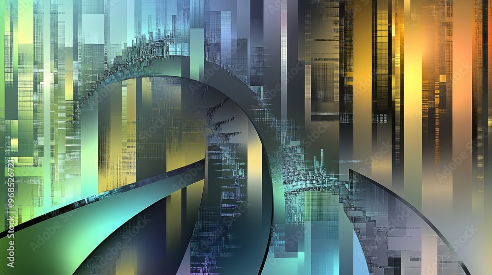 Fototapeta premium Abstract illustration of a colorful futuristic cityscape in yellow, orange, green, blue and purple