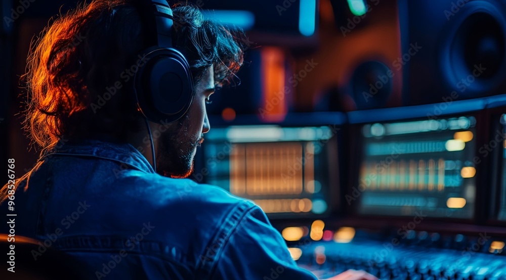 a musician skillfully uses professional equipment, creating captivating music in a studio filled with advanced tools