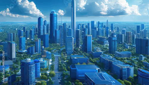 Futuristic Cityscape with Tall Skyscrapers and Blue Sky