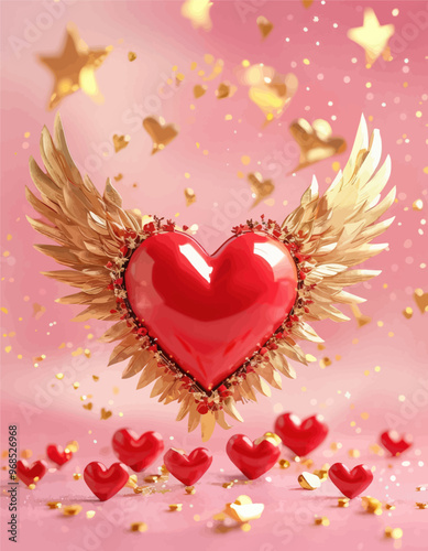 Golden Heart with Red Heart Decoration and Gold Leaf Wings