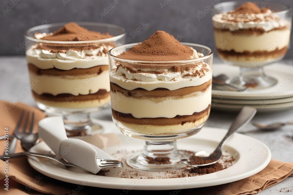 Tiramisu, traditional Italian dessert on a white plate. Close up.
Tiramisu, traditional Italian dessert on a white plate. Close up.
