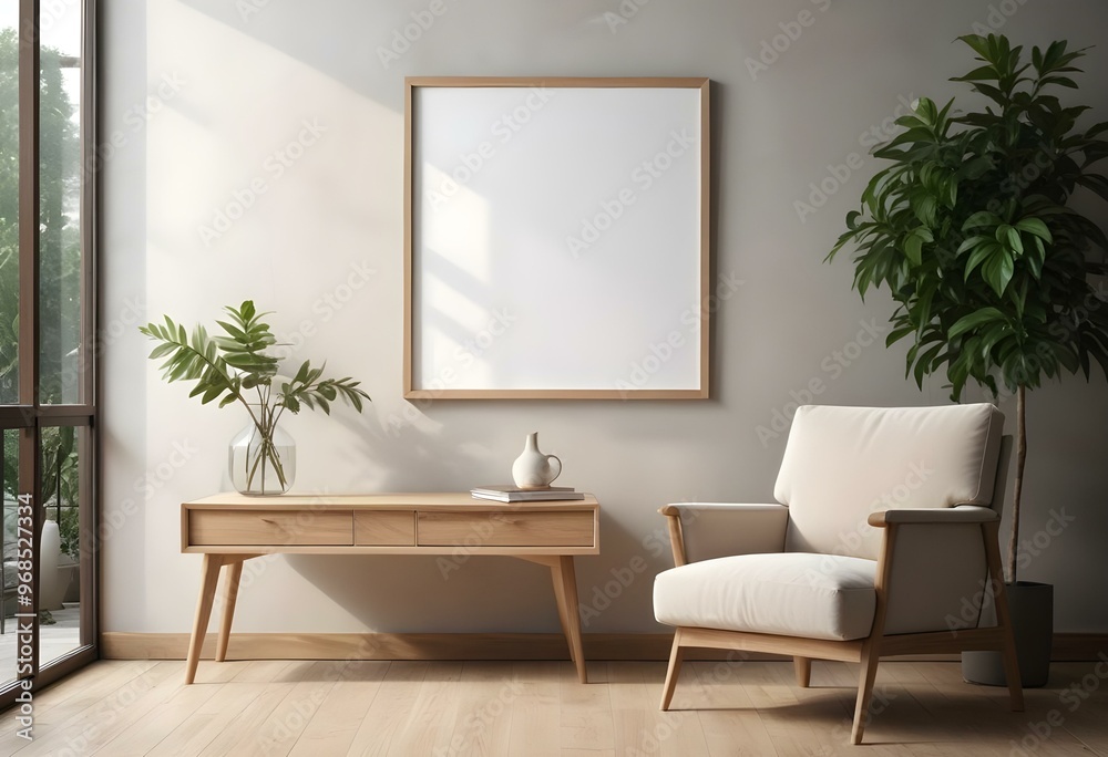 A modern living room with a large empty frame A modern living room with a large empty frame
