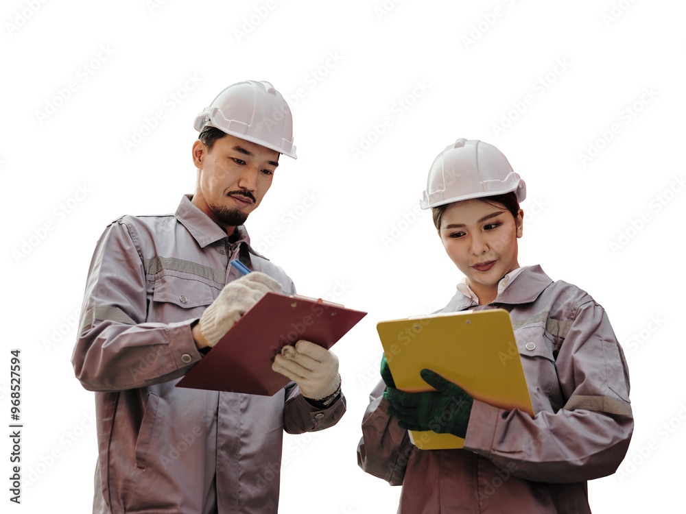 Engineers talks to managers at the Container cargo on transparent background Engineers talks to managers at the Container cargo on transparent background