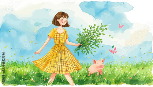Joyful Garden Scene with Pig and Flowers