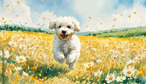 Joyful dog running through a field of daisies