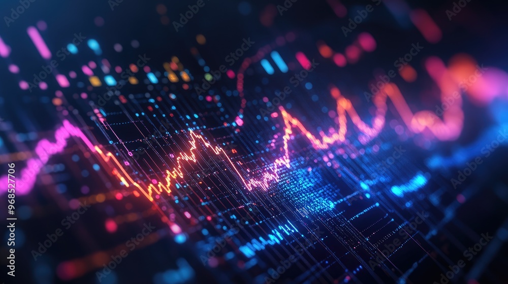 Dynamic graph with colorful data points and lines, representing business profits and trends on a sleek dark background Dynamic graph with colorful data points and lines, representing business profits and trends on a sleek dark background