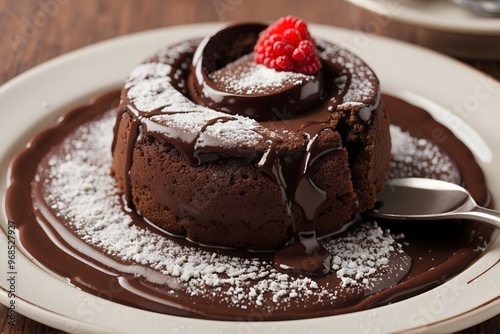 Delicious warm chocolate lava cake with mint and strawberries on table, closeup
