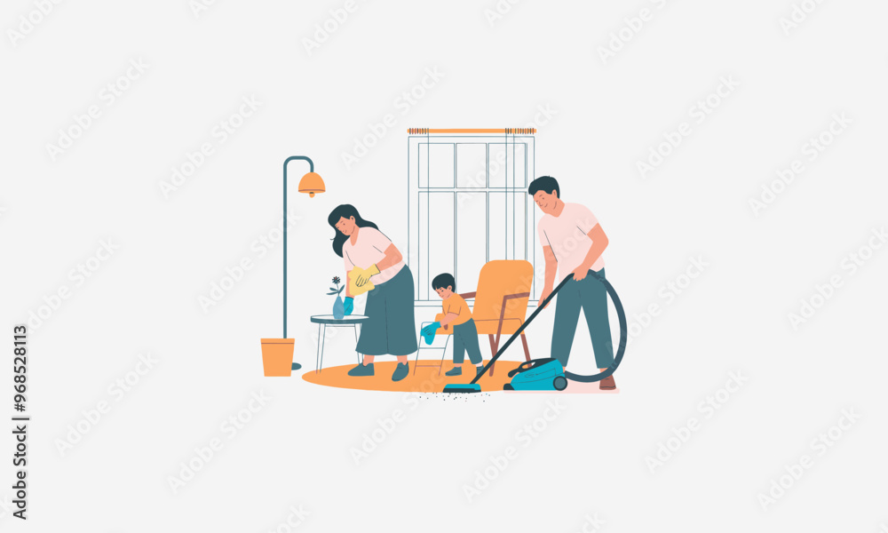 A family cleaning their living room together, using vacuum and dusting. A family cleaning their living room together, using vacuum and dusting.