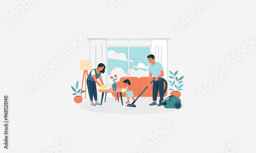 A family cleaning their living room together, using vacuum and dusting.