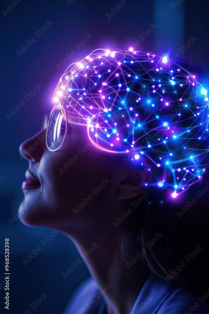 A woman with glowing brain connections, representing creativity and technology in a futuristic atmosphere. A woman with glowing brain connections, representing creativity and technology in a futuristic atmosphere.