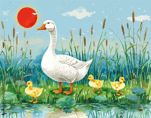 Mother Duck and Ducklings in a Pond