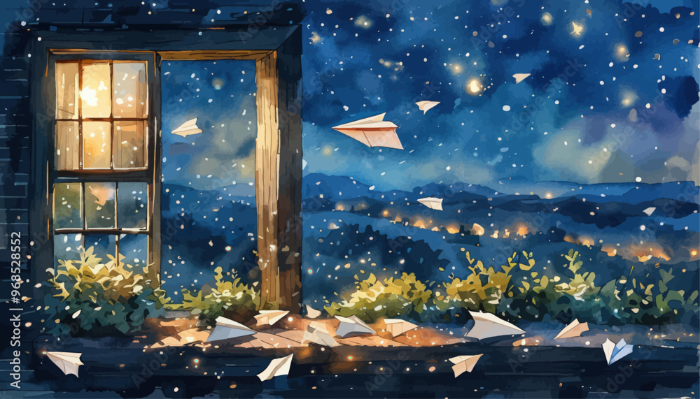 Obraz premium Nighttime Kite Flying: A Dreamy Scene with Snowflakes and Mountains