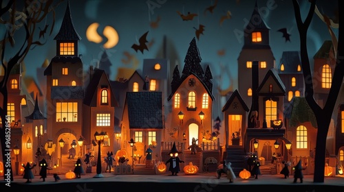 Enchanting Halloween Town: A Spooky Nighttime Cityscape