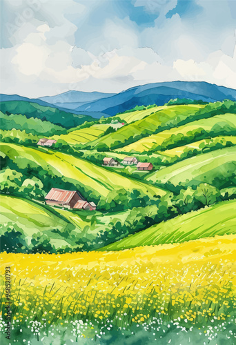 Pastoral landscape with farmhouse and yellow flowers