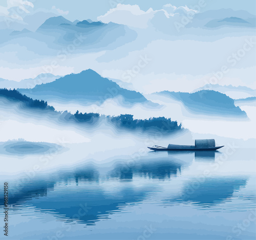 Peaceful Lake Scene with Boat and Mountains