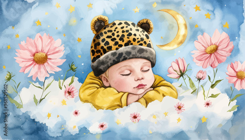 Peaceful Sleep: A Dreamy Night Sky with Pink Flowers and a Little Dreamer