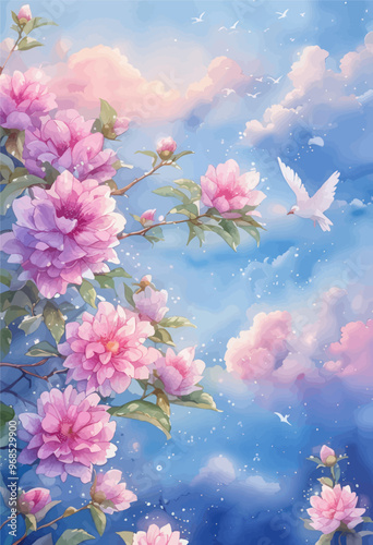 Pink Flower Blossoms in a Blue Sky with White Clouds and a Bird